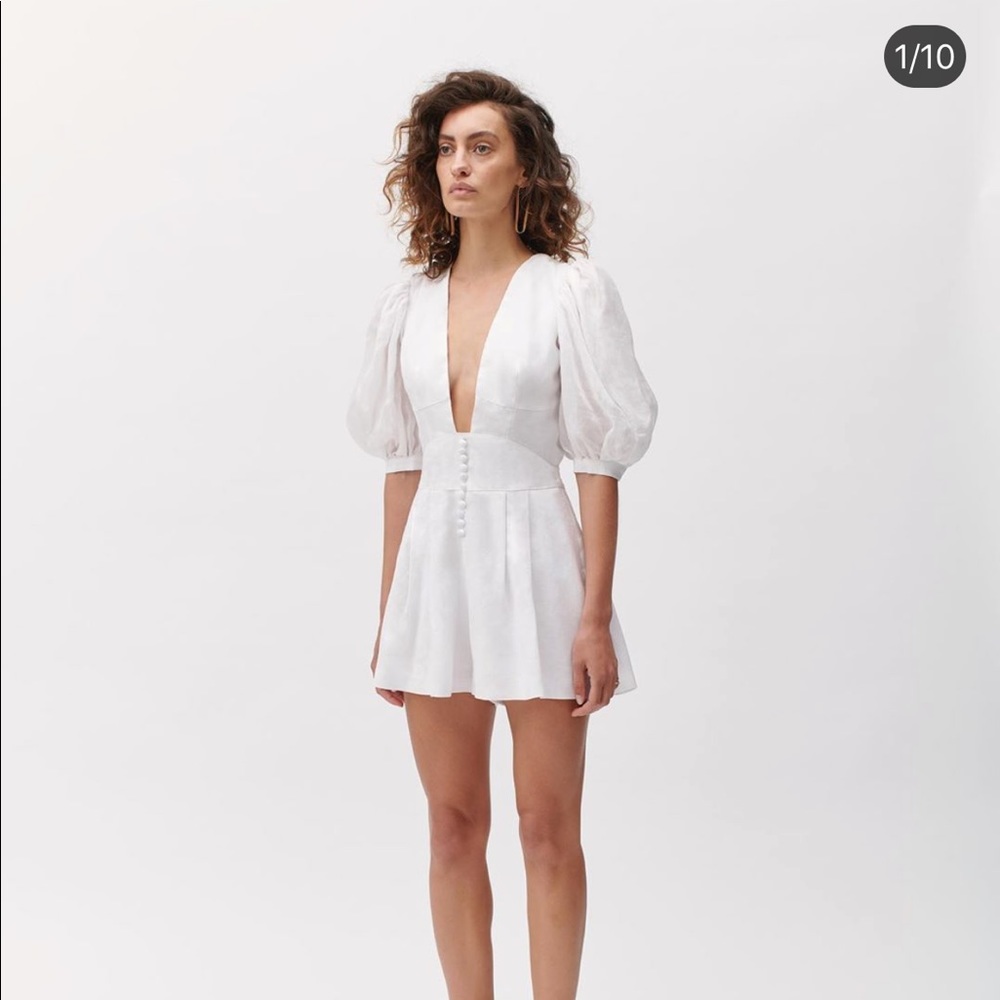 White Puff-Sleeve Romper with Deep V-Neck